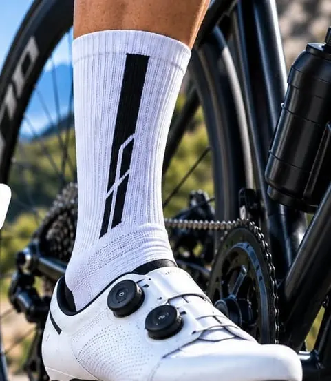 Media blanca de ciclismo con zapatilla de ruta junto a la bicicleta