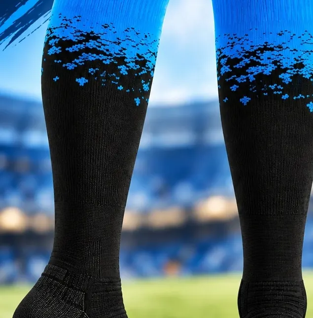 Medias de fútbol negras con degradado azul sobre la cancha de un estadio