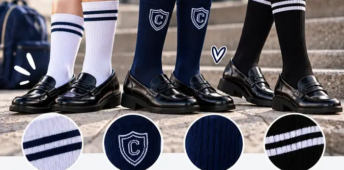 Medias colegiales con escudo bordado y franjas