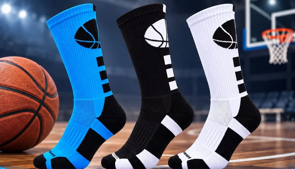 Medias de baloncesto DUAL en azul, negro y blanco con diseño de balón