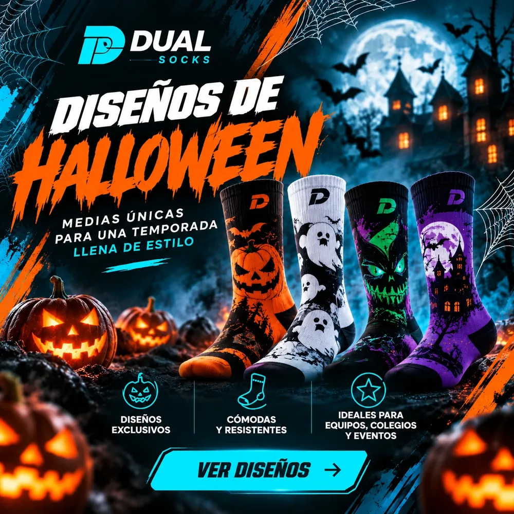 Diseños de Halloween DUAL SOCKS: medias únicas para una temporada llena de estilo. Diseños exclusivos, cómodas y resistentes, ideales para equipos, colegios y eventos. Ver diseños.